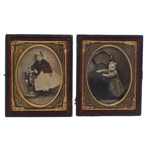 Antique Portraits Sepia Children Gesso Gilded Gold Matching Wood Frames Oval
